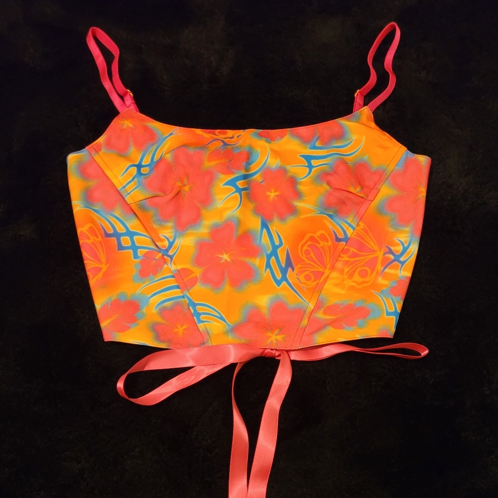 Club Exx Dolls Kill Orange Pink Cybersigilism Floral Corset Top